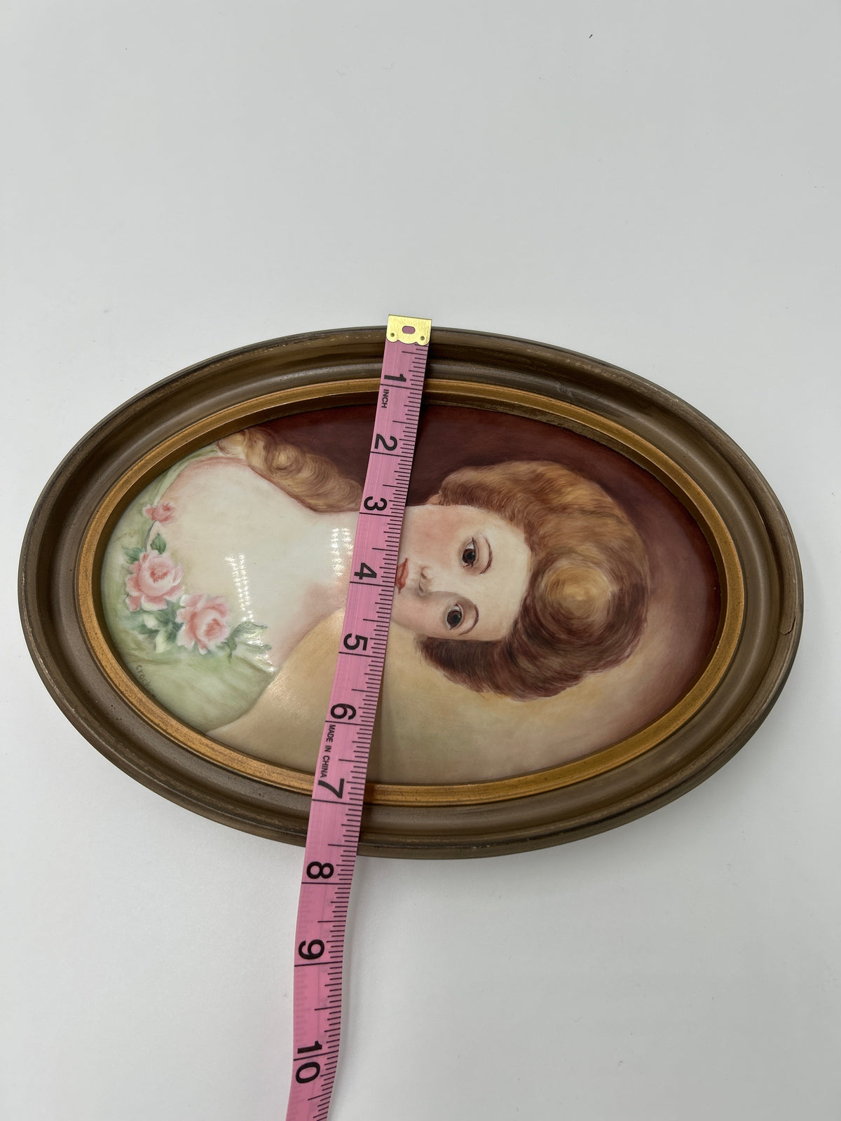 Vintage Antique Oval Porcelain Portrait Plaque — Edwardian Style Young Woman with Pink Roses, Signed