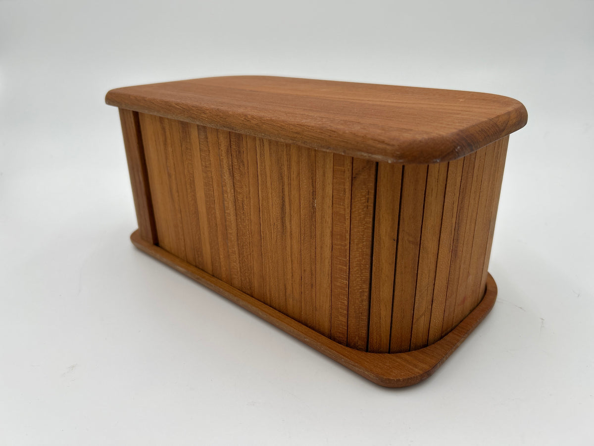 Vintage Kalmar Designs Teak Wood Tambour Roll Top Storage Box MCM Desk Organizer