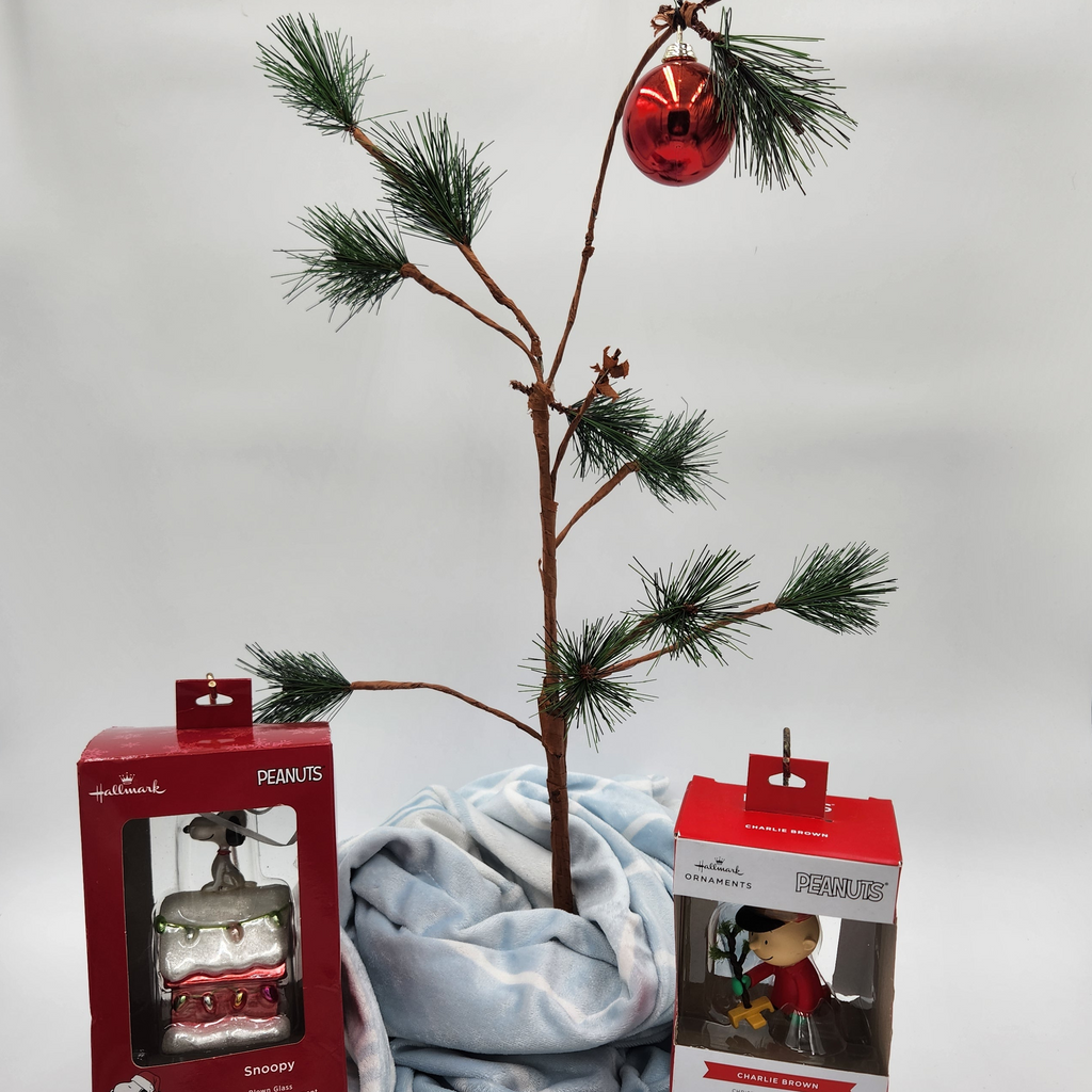 Peanuts 24" Musical Charlie Brown Tree w/ Linus Baby Blanket & 2 Hallmark Box Ornaments