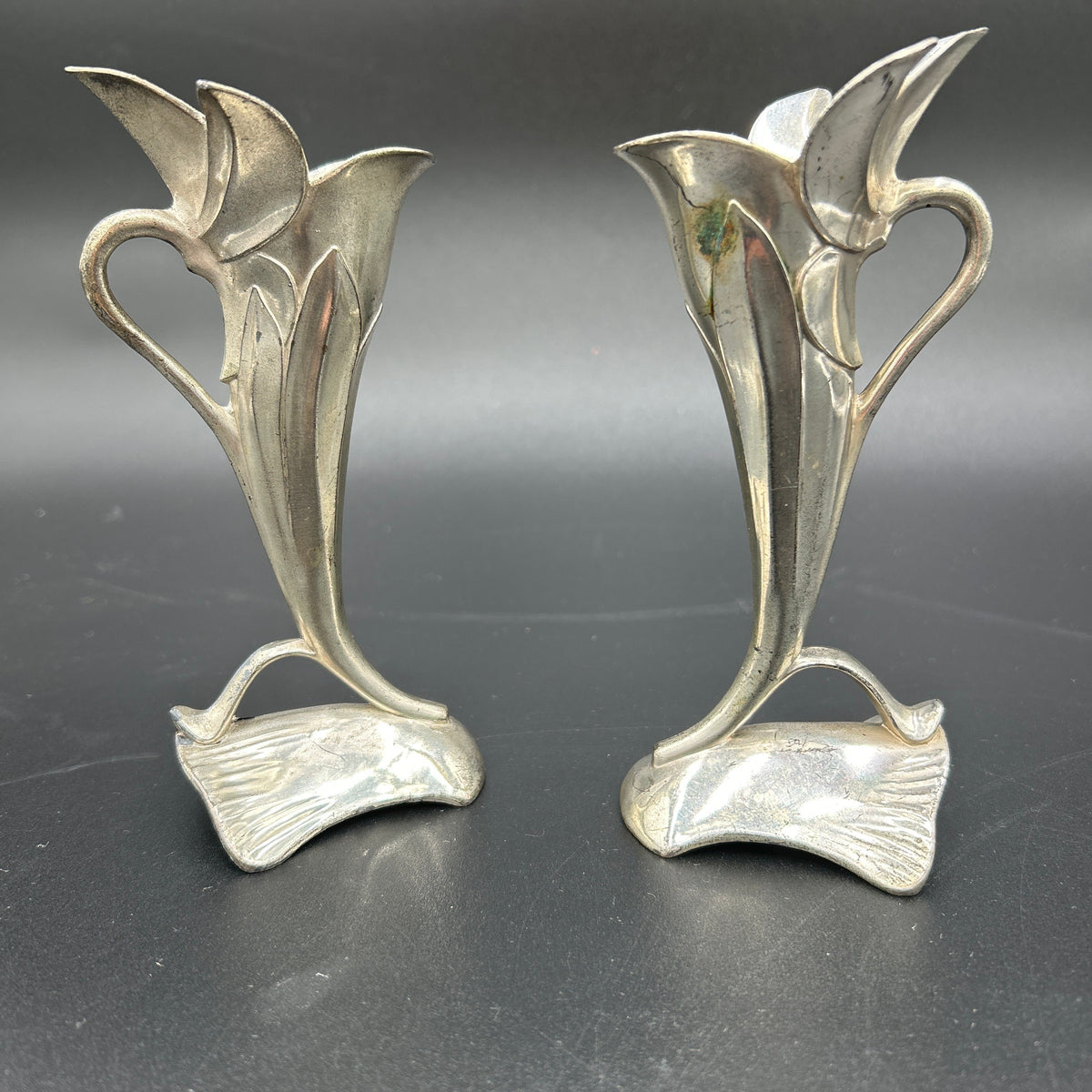 Pair of Vintage Art Nouveau Silver Plated Bud Vases Fluted Trumpet / Lily Pair - Occupied Japan