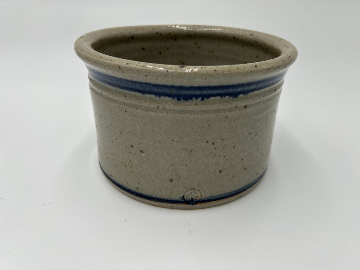 Antique Blue Decorated Stoneware Butter Crock | Cobalt Leaf Motif, Salt Glaze | American Folk Pottery, c. Late 19th–Early 20th Century, small butter crock.