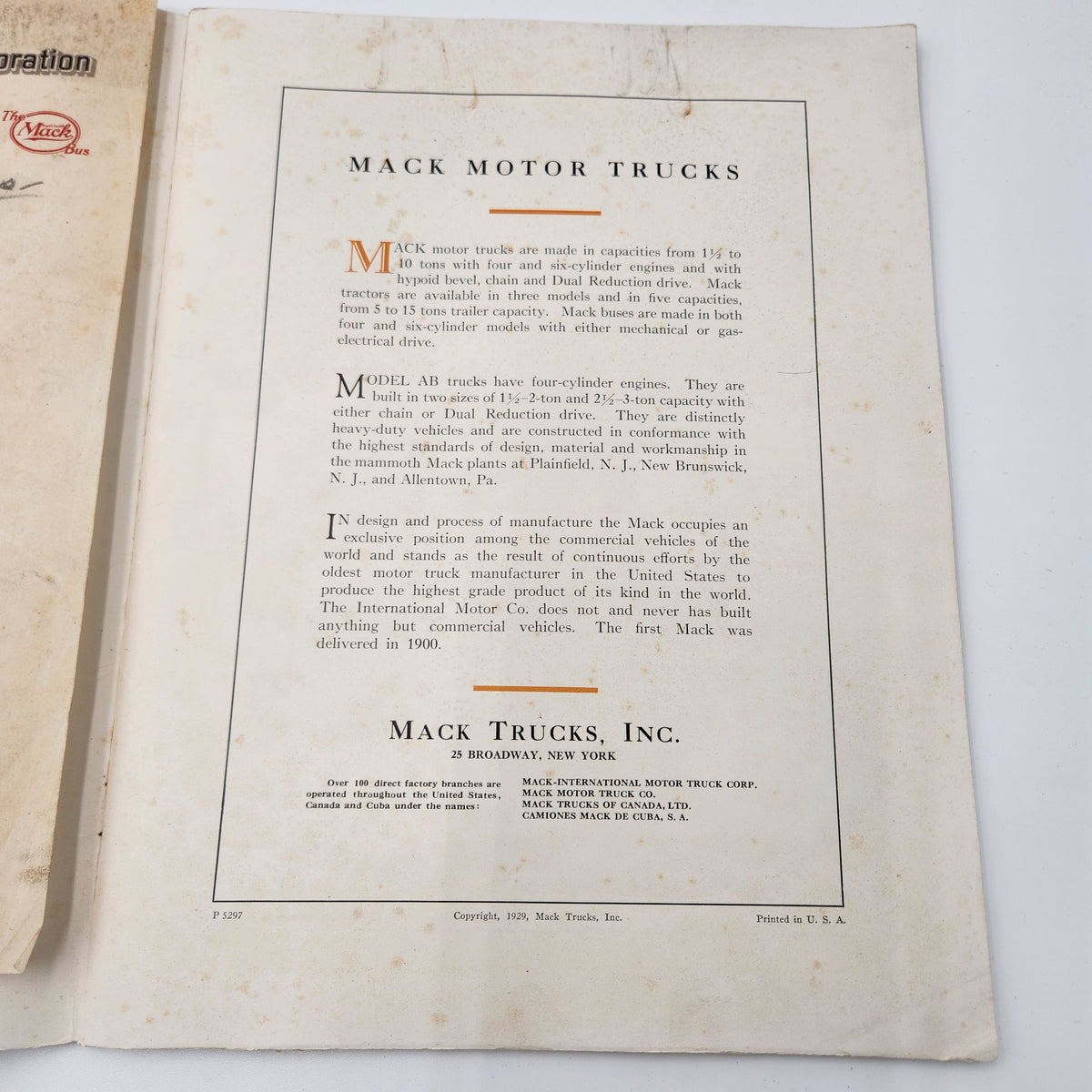 1929 Mack Model AB Truck Catalog 17 w/ Factory Letter & Badin NC Receipt Stamp