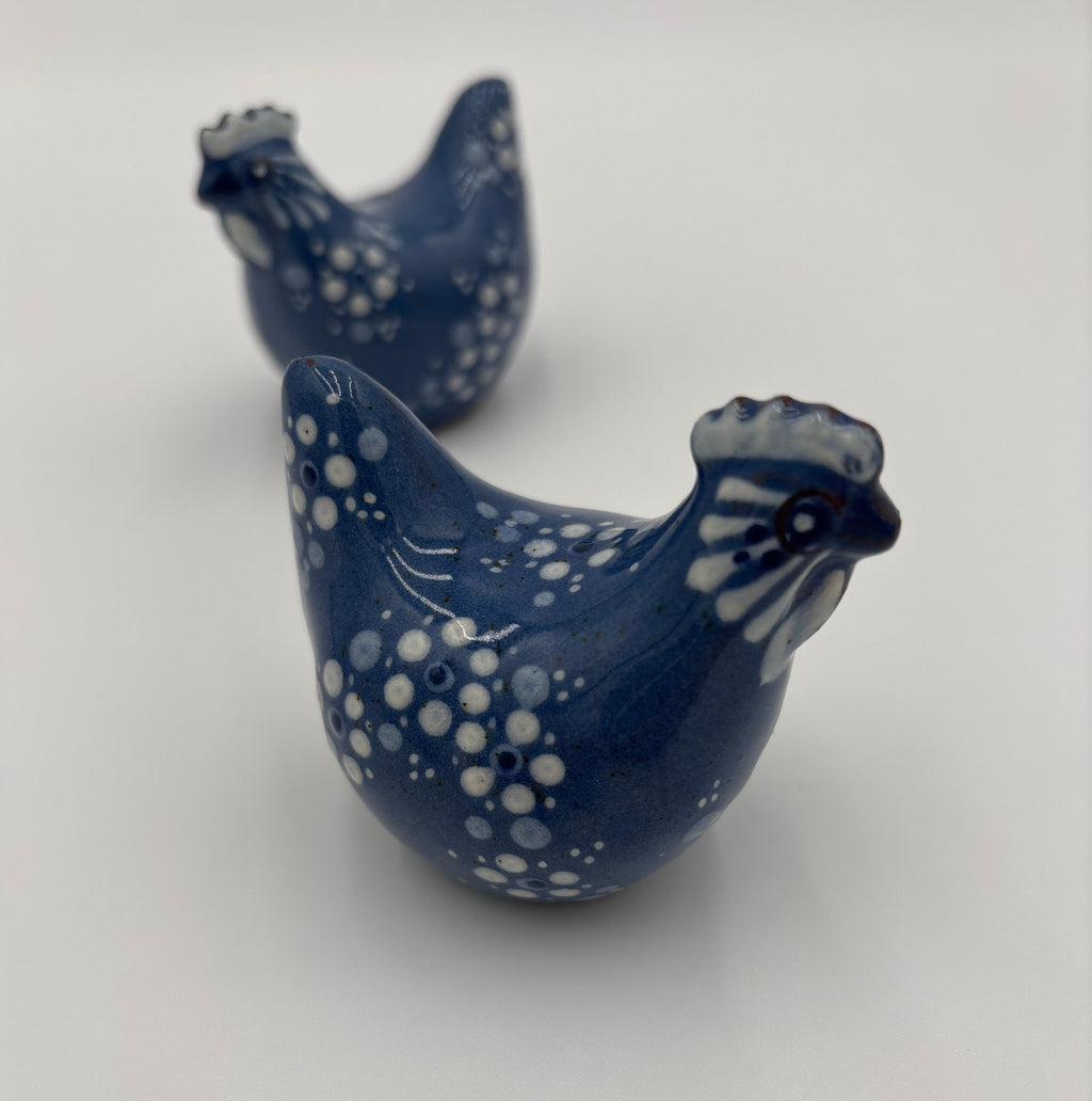Hand painted Blue and white speckled pair of Chickens Folk Art