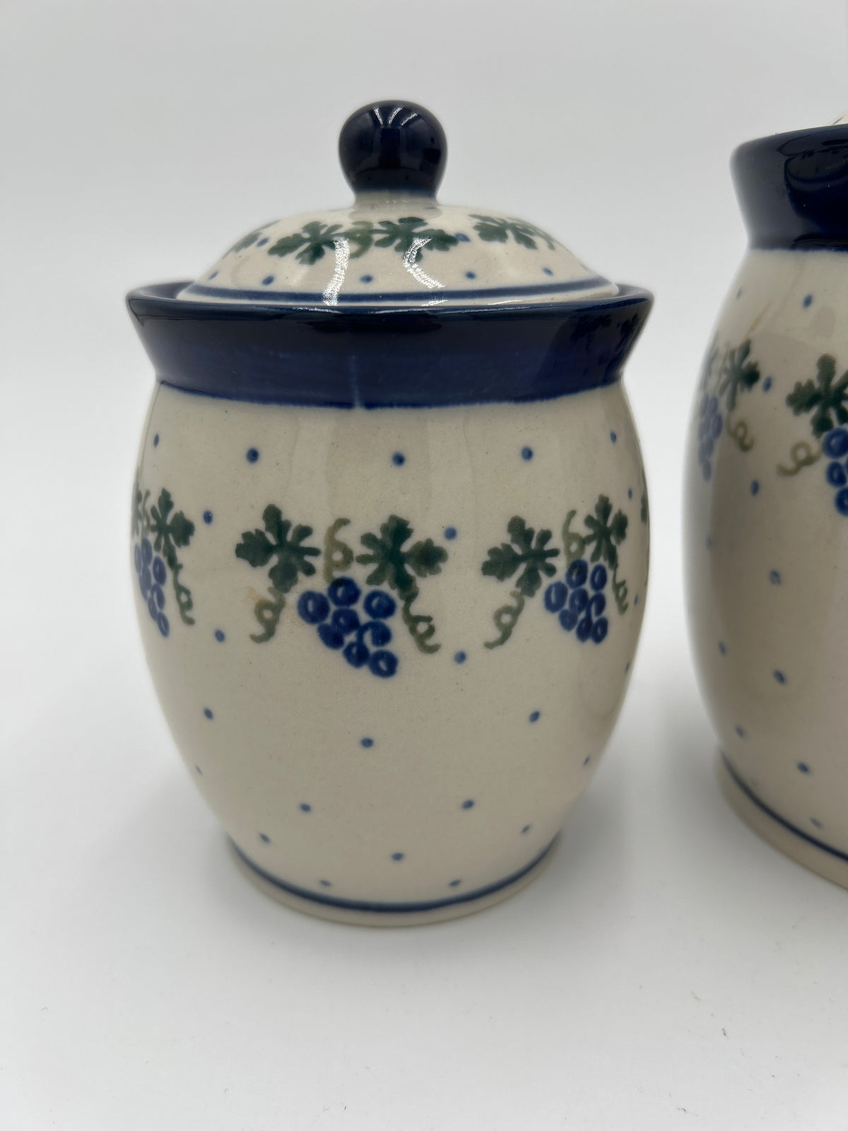Pair Vintage Polish Pottery Blueberries Canister Jars with Lids (Boleslawiec Set)