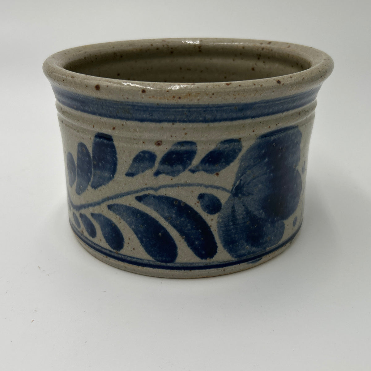 Antique Blue Decorated Stoneware Butter Crock | Cobalt Leaf Motif, Salt Glaze | American Folk Pottery, c. Late 19th–Early 20th Century - Small stoneware crock with cobalt leaf design.