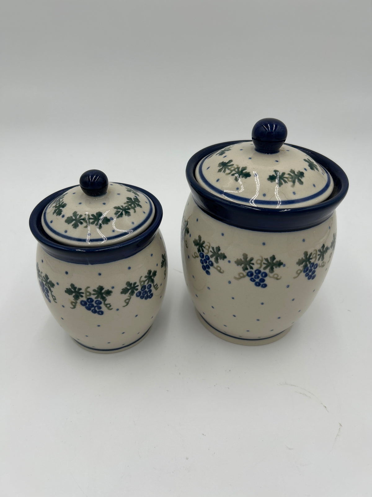 Pair Vintage Polish Pottery Blueberries Canister Jars with Lids (Boleslawiec Set)