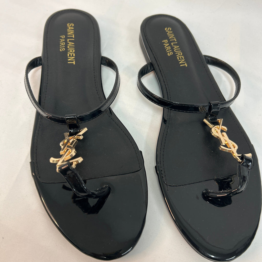 Auth Saint Laurent YSL Cassandra Black Patent Flat Thong Sandals Size 39- Made in Italy