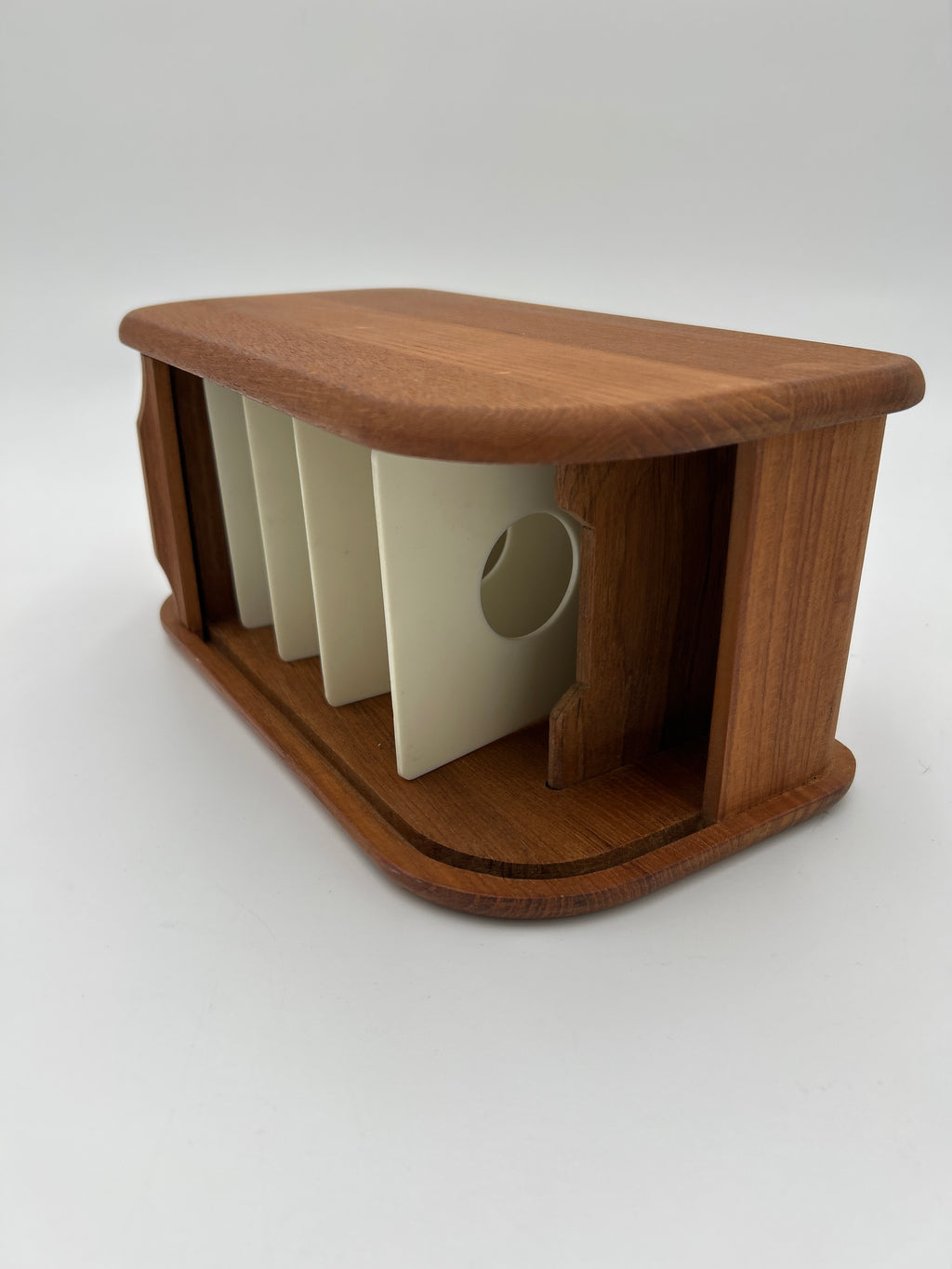 Vintage Kalmar Designs Teak Wood Tambour Roll Top Storage Box MCM Desk Organizer