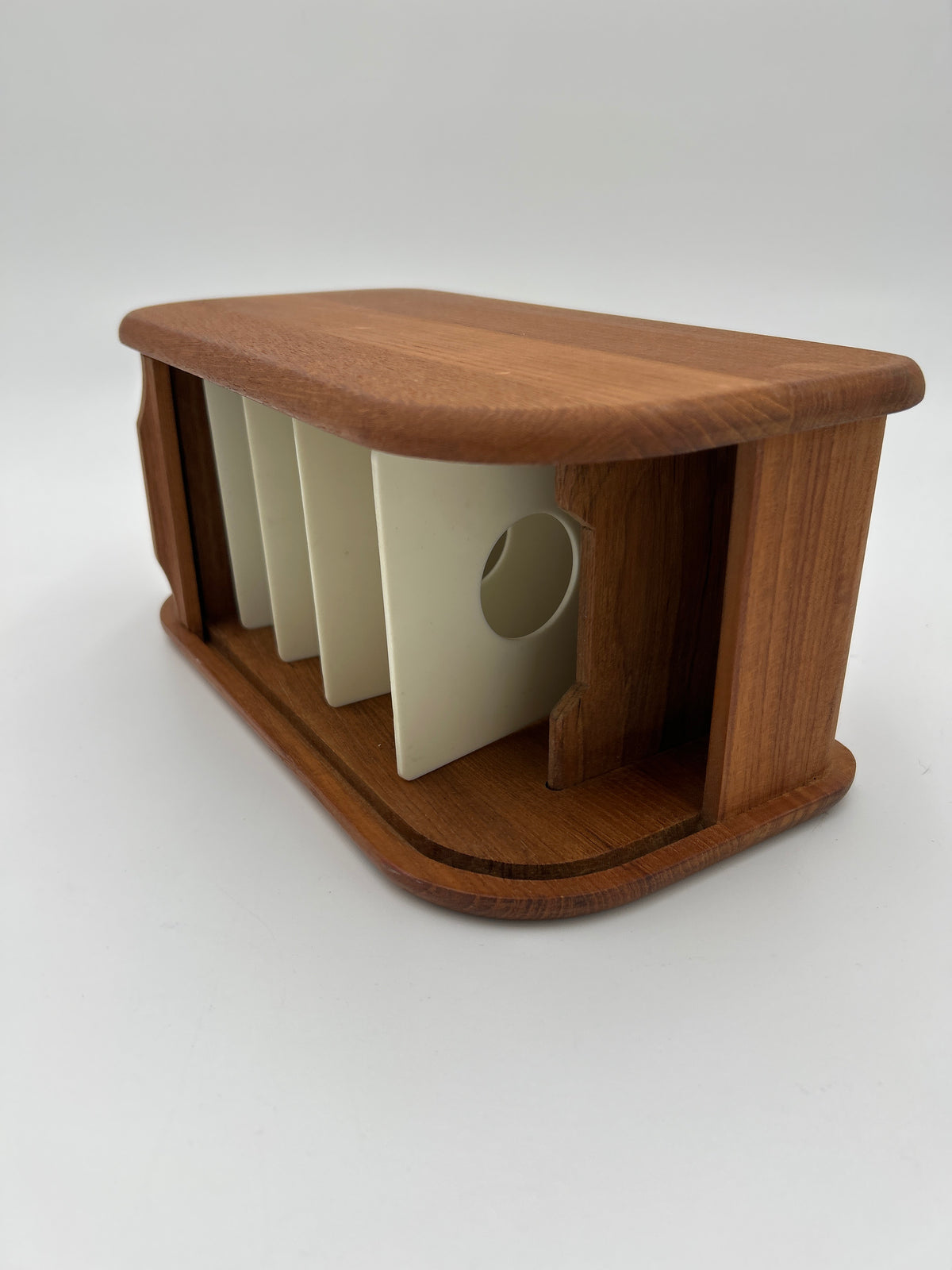 Vintage Kalmar Designs Teak Wood Tambour Roll Top Storage Box MCM Desk Organizer