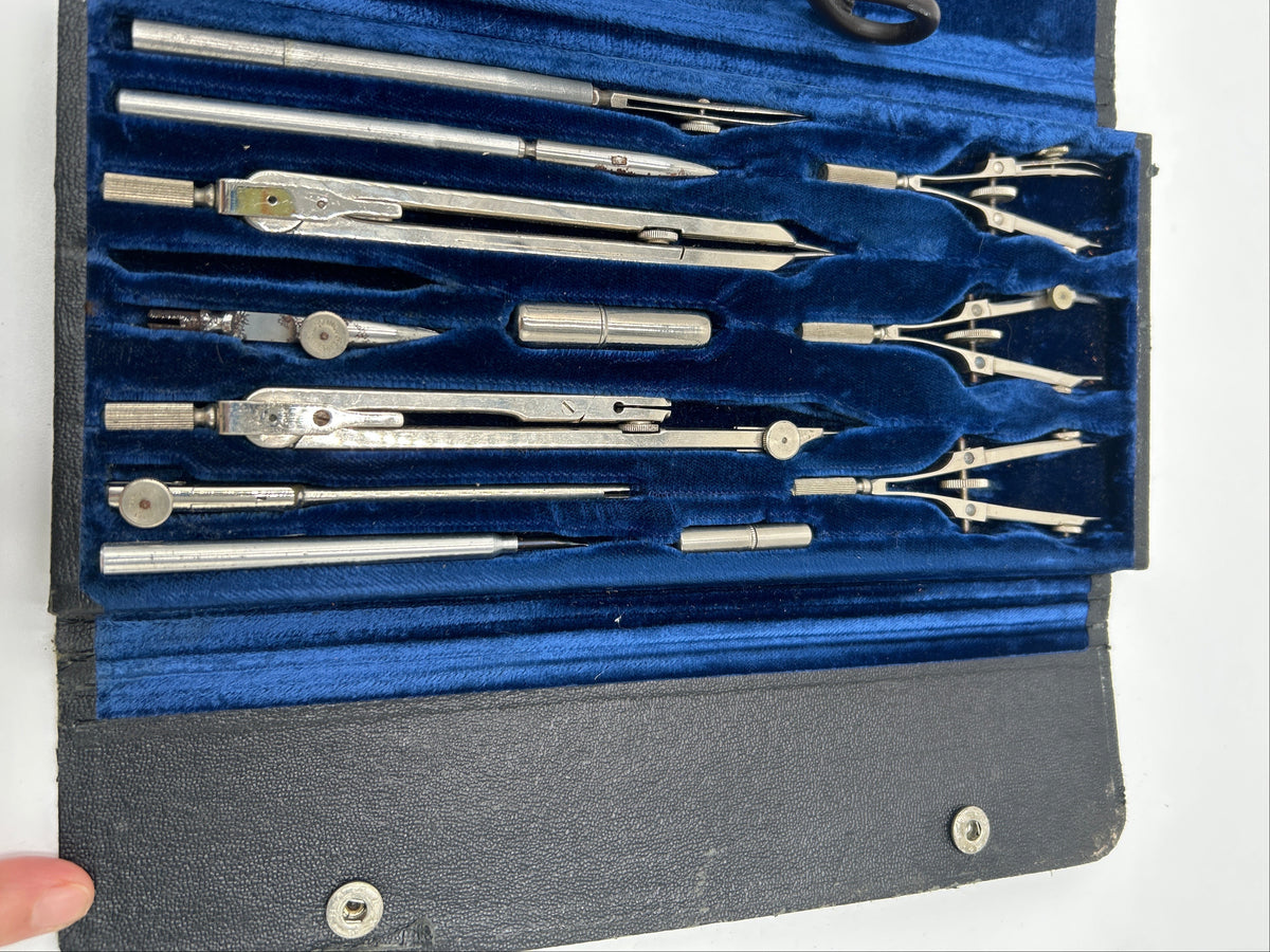 Vintage German Precision Drafting Set | Technical Drawing Instruments | Mid-Century Made in Germany showcasing chrome-finished drafting tools.