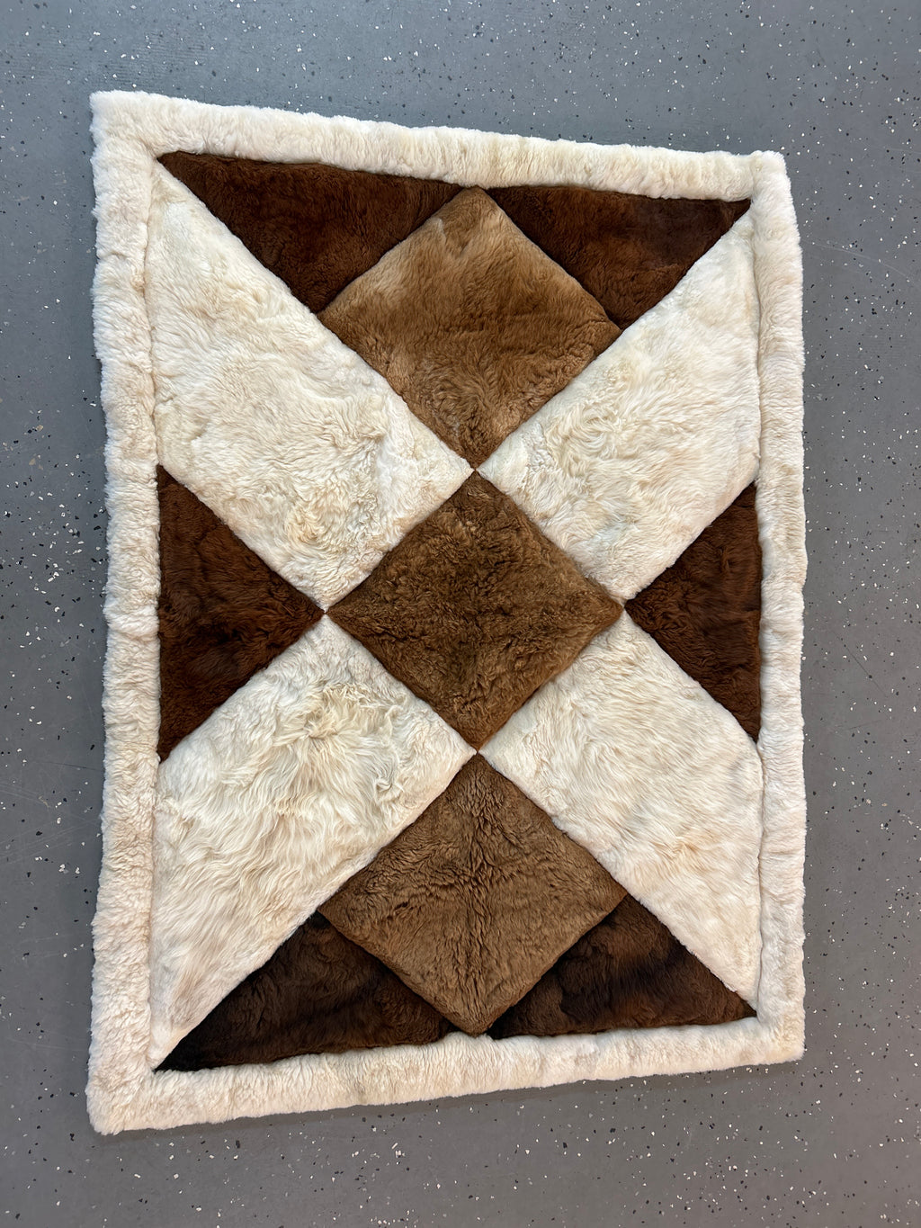 Authentic Vintage Peruvian Alpaca Fur Geometric Patchwork Rug/Wall Hanging/Blanket- Fabric Backed (46” x 61”)