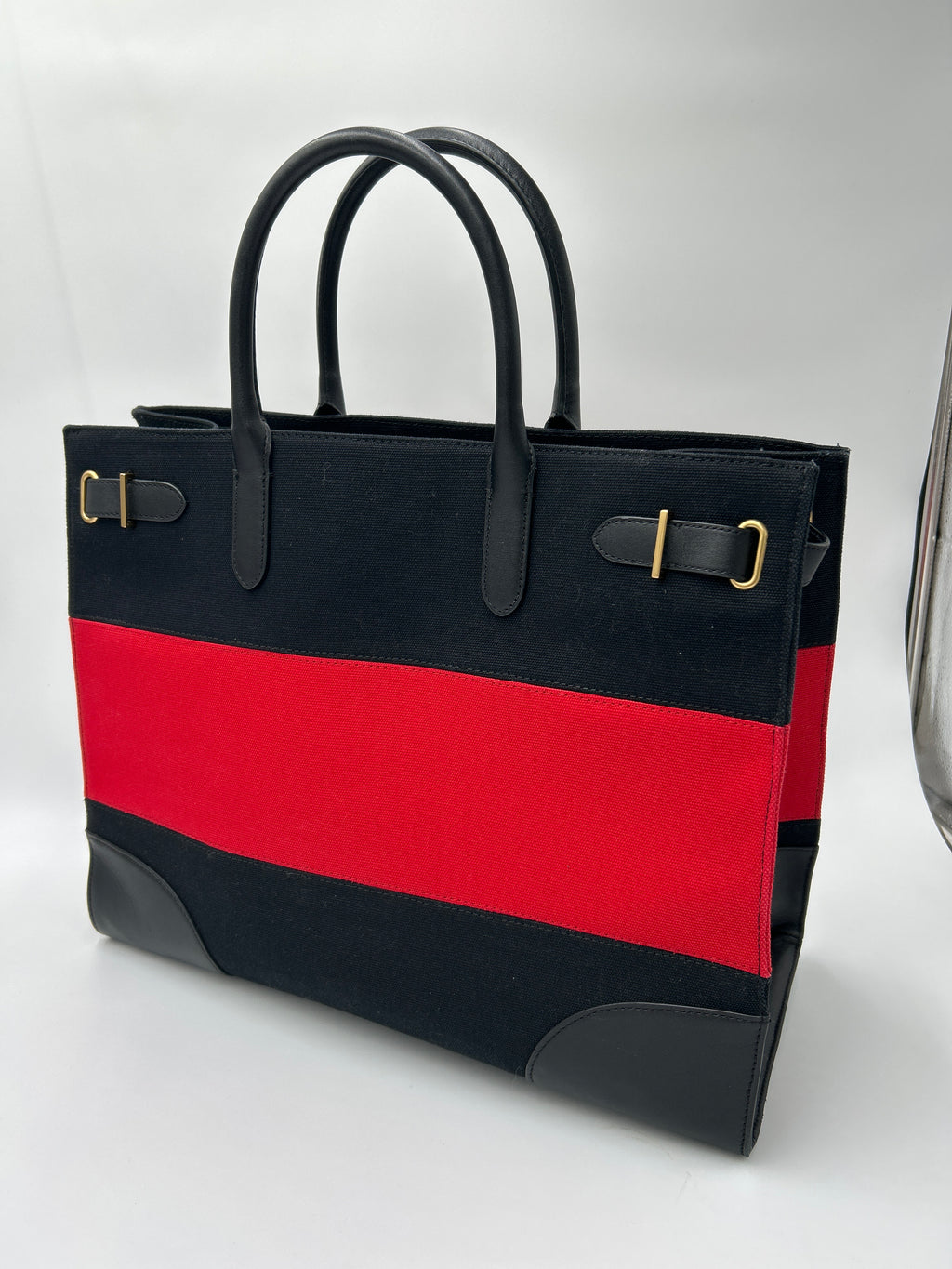 NWOT Ralph Lauren Two-Tone Devyn Canvas Tote w/2 RL storage bags shown with black and festive red colors.