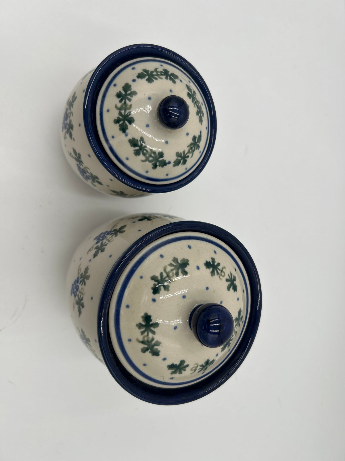 Pair Vintage Polish Pottery Blueberries Canister Jars with Lids (Boleslawiec Set)