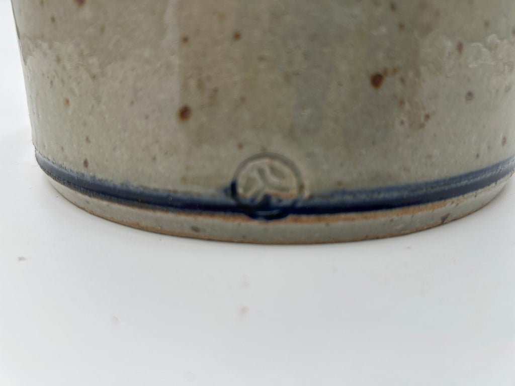 Antique Blue Decorated Stoneware Butter Crock | Cobalt Leaf Motif, Salt Glaze | American Folk Pottery, c. Late 19th–Early 20th Century with blue banded rim.