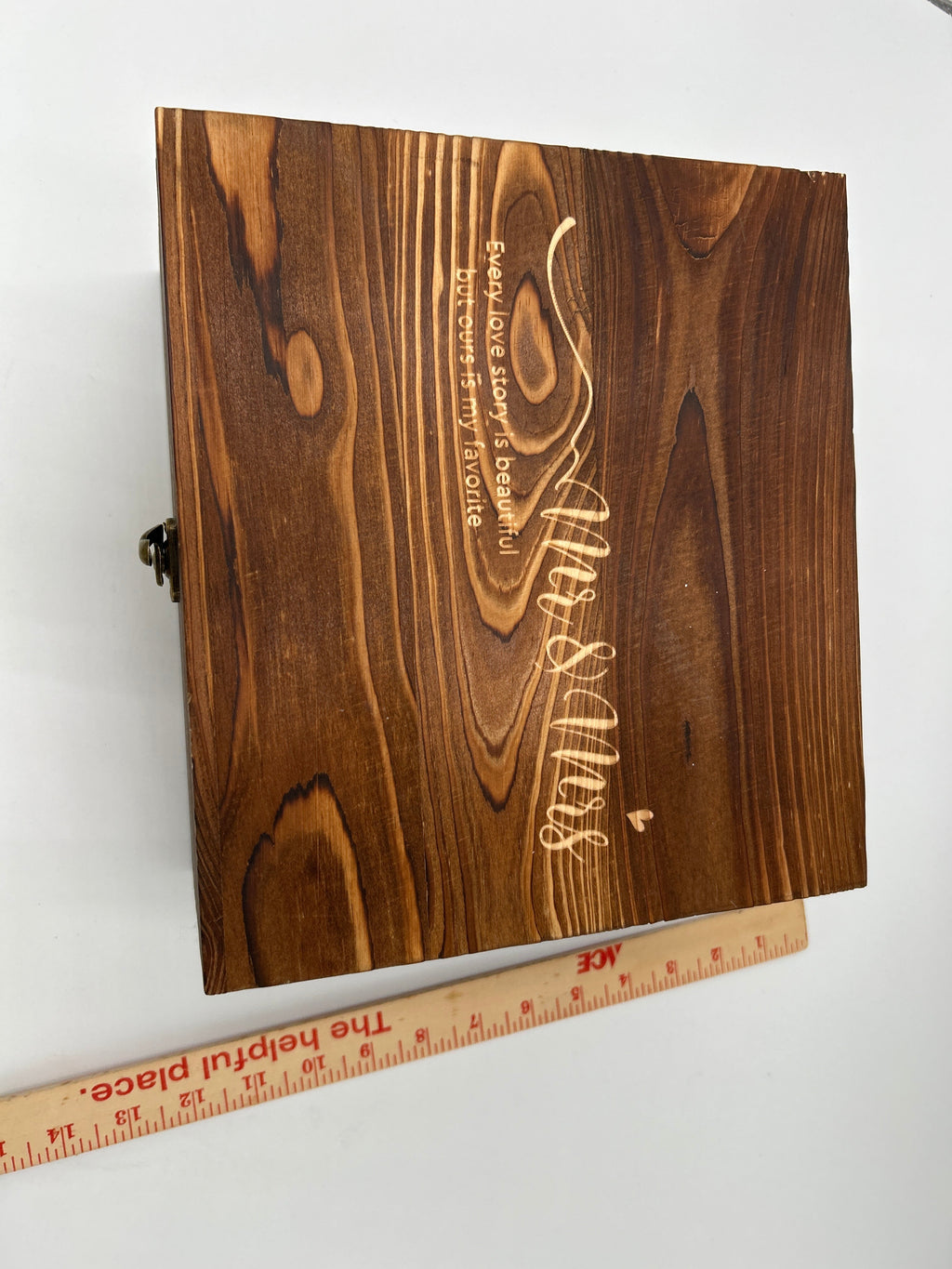 Mr & Mrs Wedding Gift Set — Engraved Wood Box with Tumblers, Slate Coasters & Whiskey Stones (New, unwrappped) top view of engraved box.