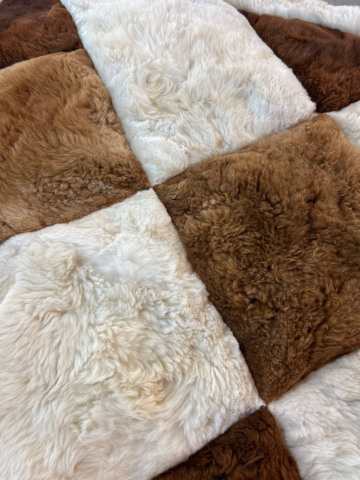 Authentic Vintage Peruvian Alpaca Fur Geometric Patchwork Rug/Wall Hanging/Blanket- Fabric Backed (46” x 61”)