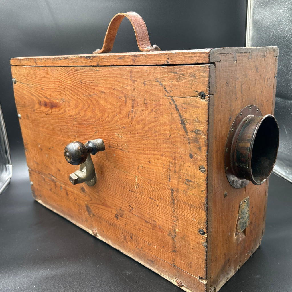 Antique Working Norwegian Maritime Foghorn LOUD side view of wooden box with brass fittings and handle.
