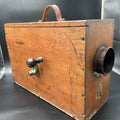 Antique Working Norwegian Maritime Foghorn LOUD side view of wooden box with brass fittings and handle.