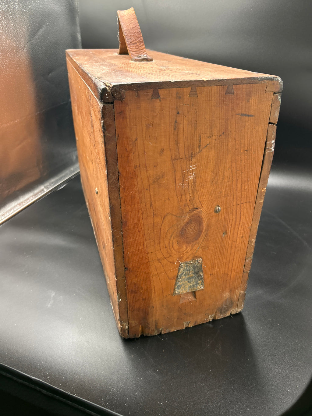 Antique Working Norwegian Maritime Foghorn LOUD vintage pine wood box with leather handle, showing wear and patina.