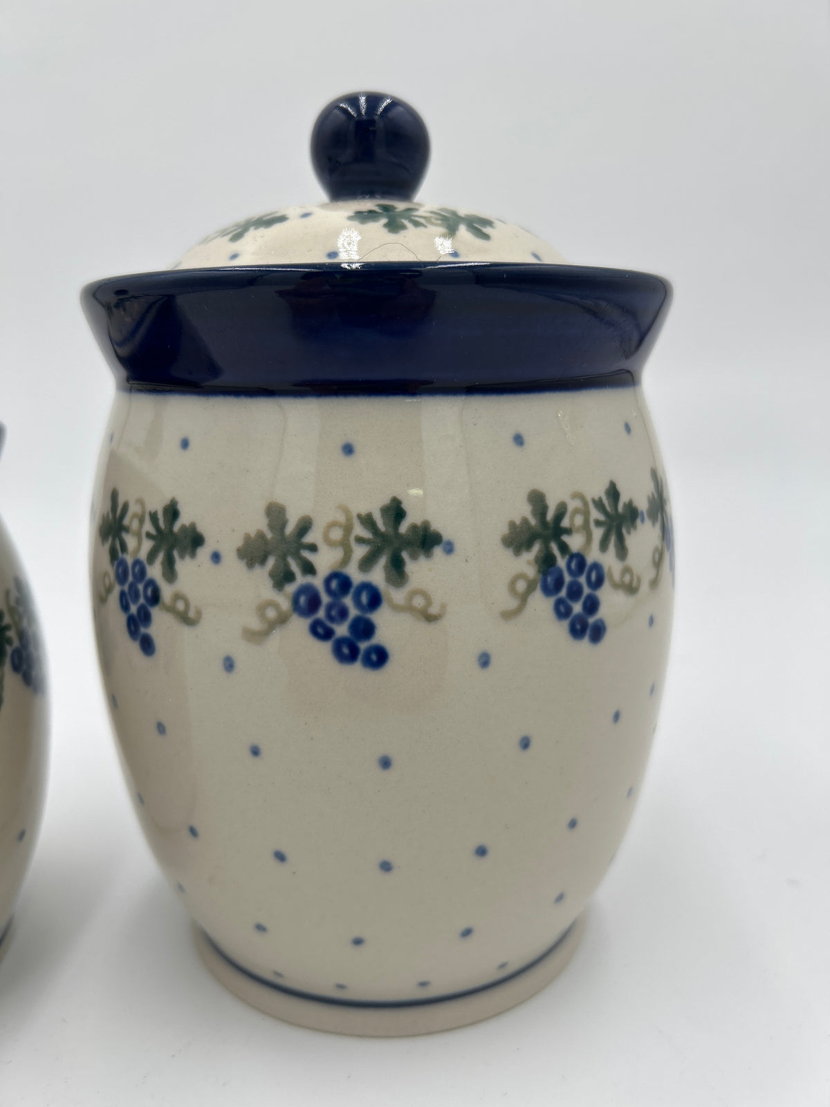 Pair Vintage Polish Pottery Blueberries Canister Jars with Lids (Boleslawiec Set)