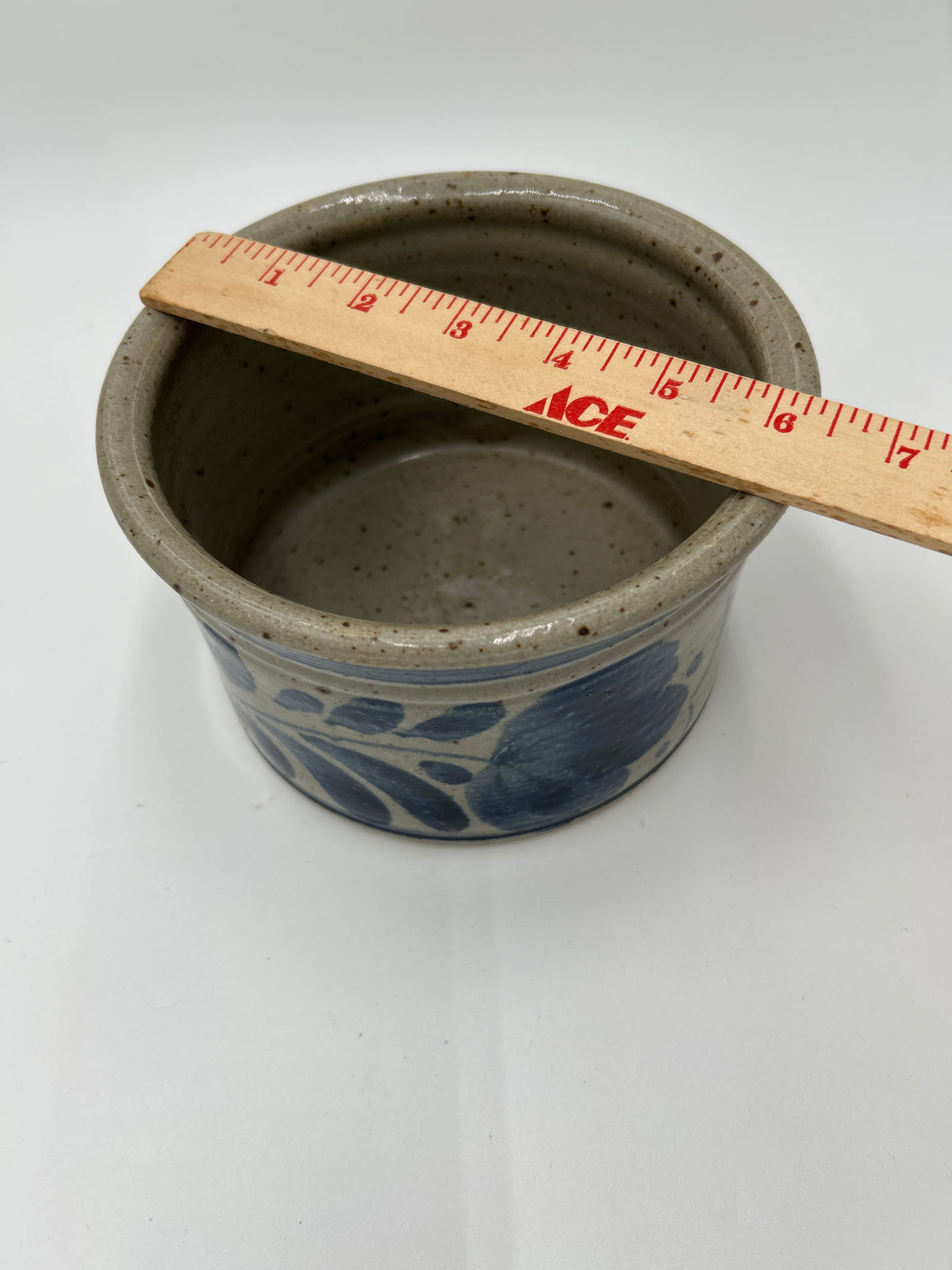 Antique Blue Decorated Stoneware Butter Crock | Cobalt Leaf Motif, Salt Glaze | American Folk Pottery, c. Late 19th–Early 20th Century with ruler for size