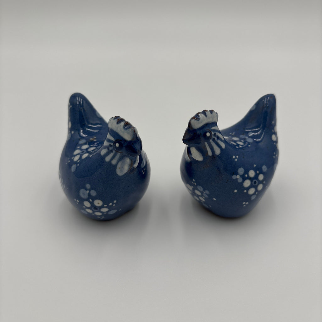 Hand painted Blue and white speckled pair of Chickens Folk Art