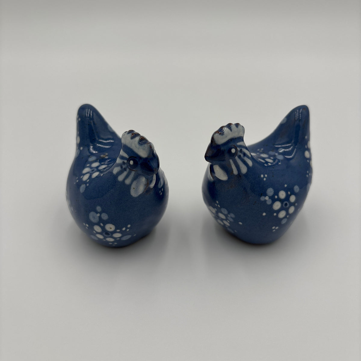 Hand painted Blue and white speckled pair of Chickens Folk Art