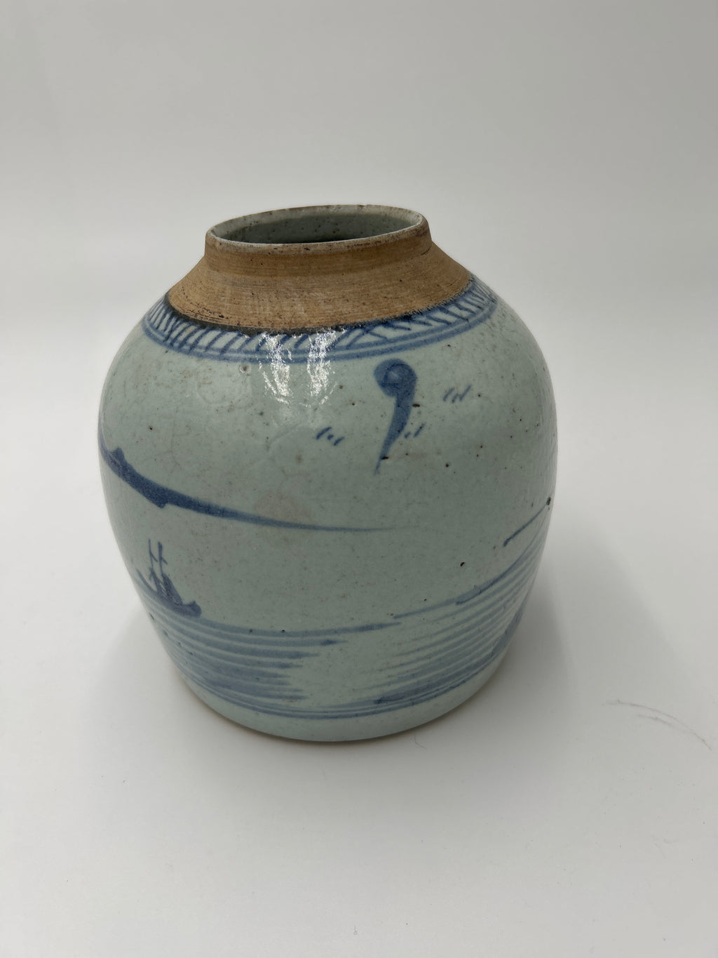 Antique Chinese Blue and White Porcelain Ginger Jar Pot Late Qing 19th C Landscape (no lid) featuring hand-painted river scene.
