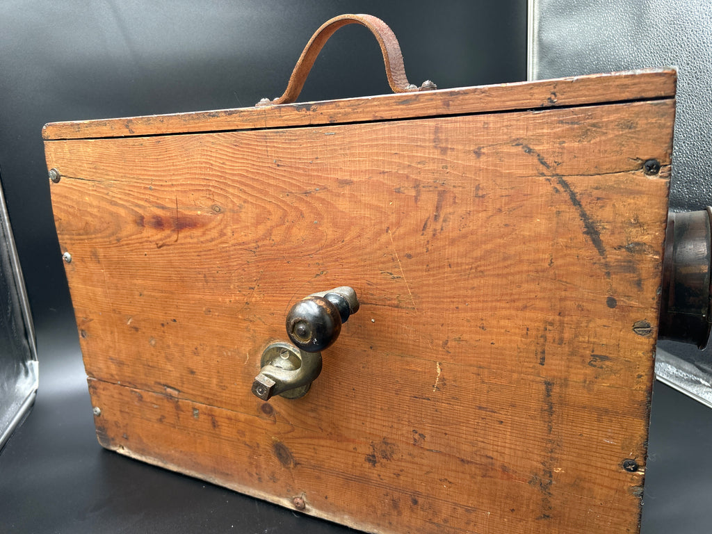 Antique Working Norwegian Maritime Foghorn LOUD back view of wooden box with cranking mechanism