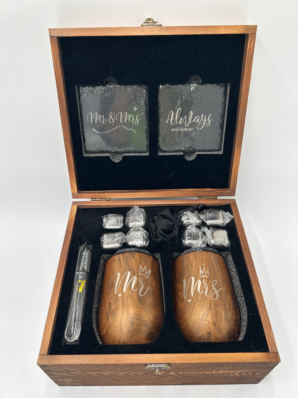 Mr & Mrs Wedding Gift Set — Engraved Wood Box with Tumblers, Slate Coasters & Whiskey Stones (New, unwrappped) with tumblers and coasters.