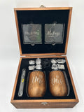 Mr & Mrs Wedding Gift Set — Engraved Wood Box with Tumblers, Slate Coasters & Whiskey Stones (New, unwrappped) with tumblers and coasters.