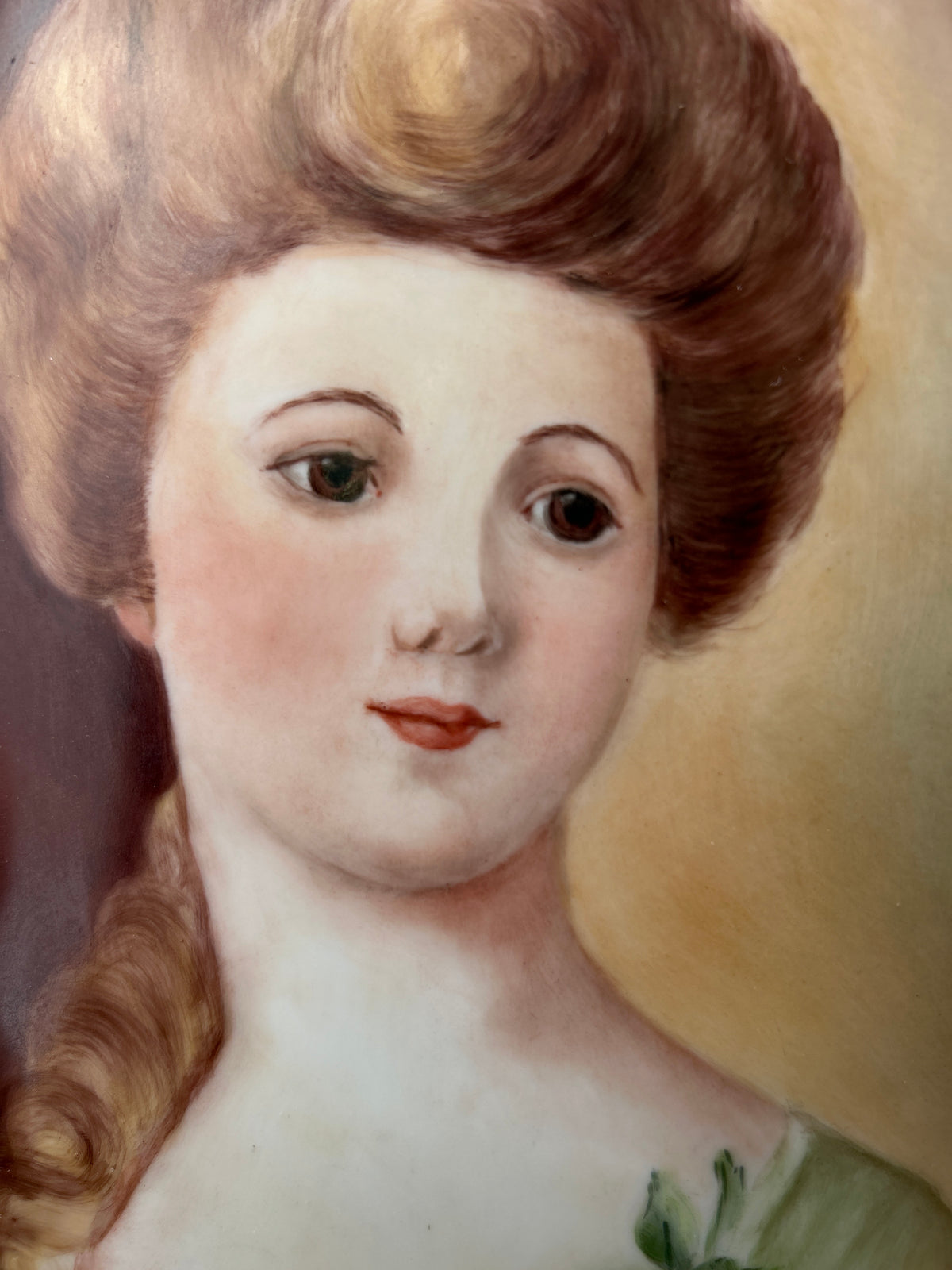 Vintage Antique Oval Porcelain Portrait Plaque — Edwardian Style Young Woman with Pink Roses, Signed