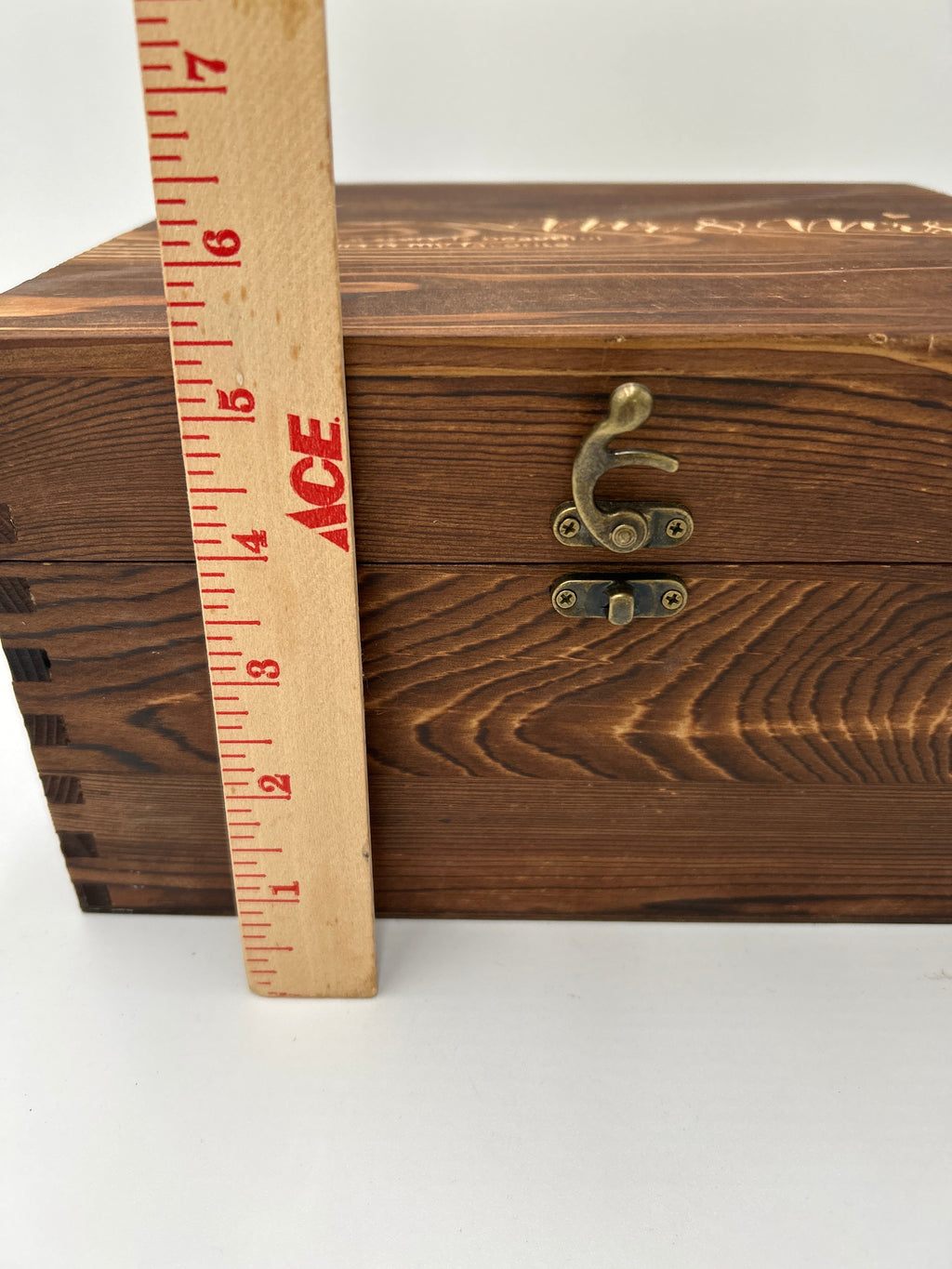 Mr & Mrs Wedding Gift Set — Engraved Wood Box with Tumblers, Slate Coasters & Whiskey Stones (New, unwrappped) measuring tape detail.