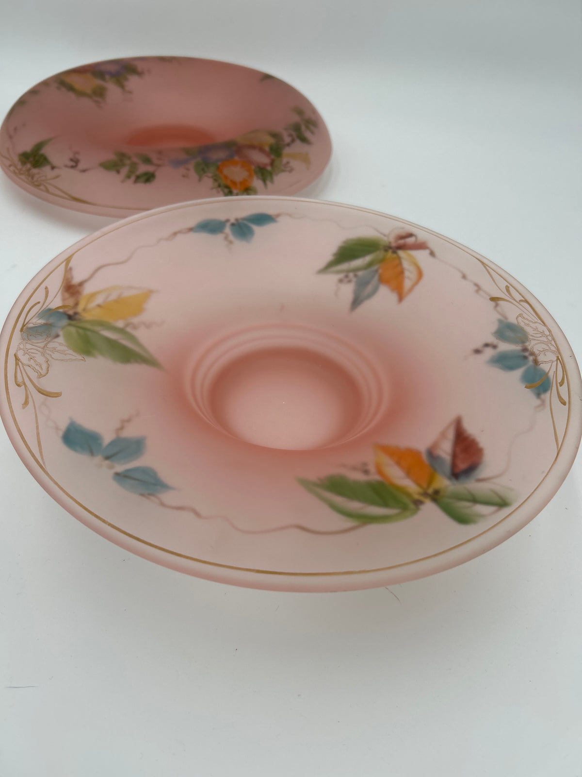 Vintage 1920s/1930s Tiffin Pink Satin Glass Set 11" Bowl & 12" Footed Compote Floral