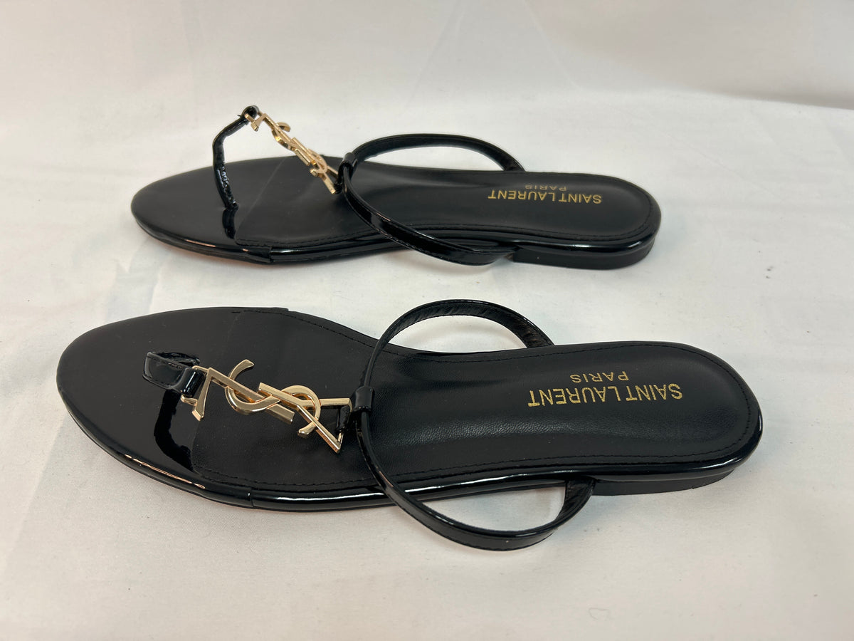 Auth Saint Laurent YSL Cassandra Black Patent Flat Thong Sandals Size 39- Made in Italy