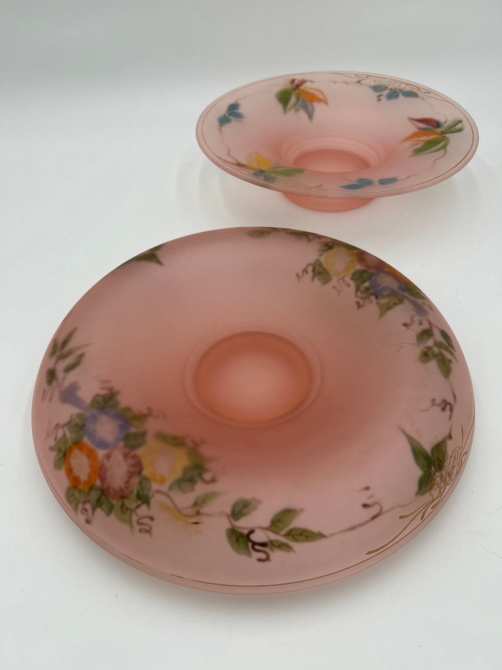 Vintage 1920s/1930s Tiffin Pink Satin Glass Set 11" Bowl & 12" Footed Compote Floral