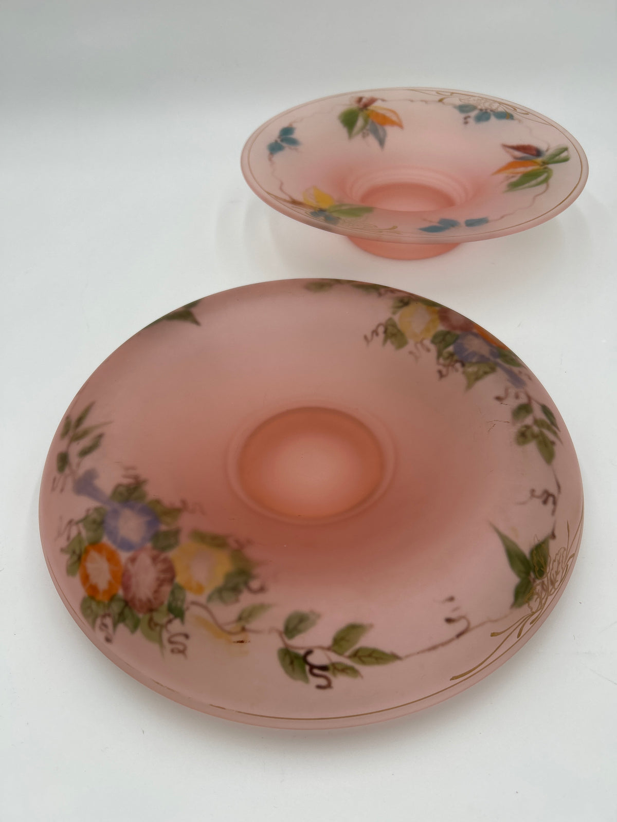 Vintage 1920s/1930s Tiffin Pink Satin Glass Set 11" Bowl & 12" Footed Compote Floral