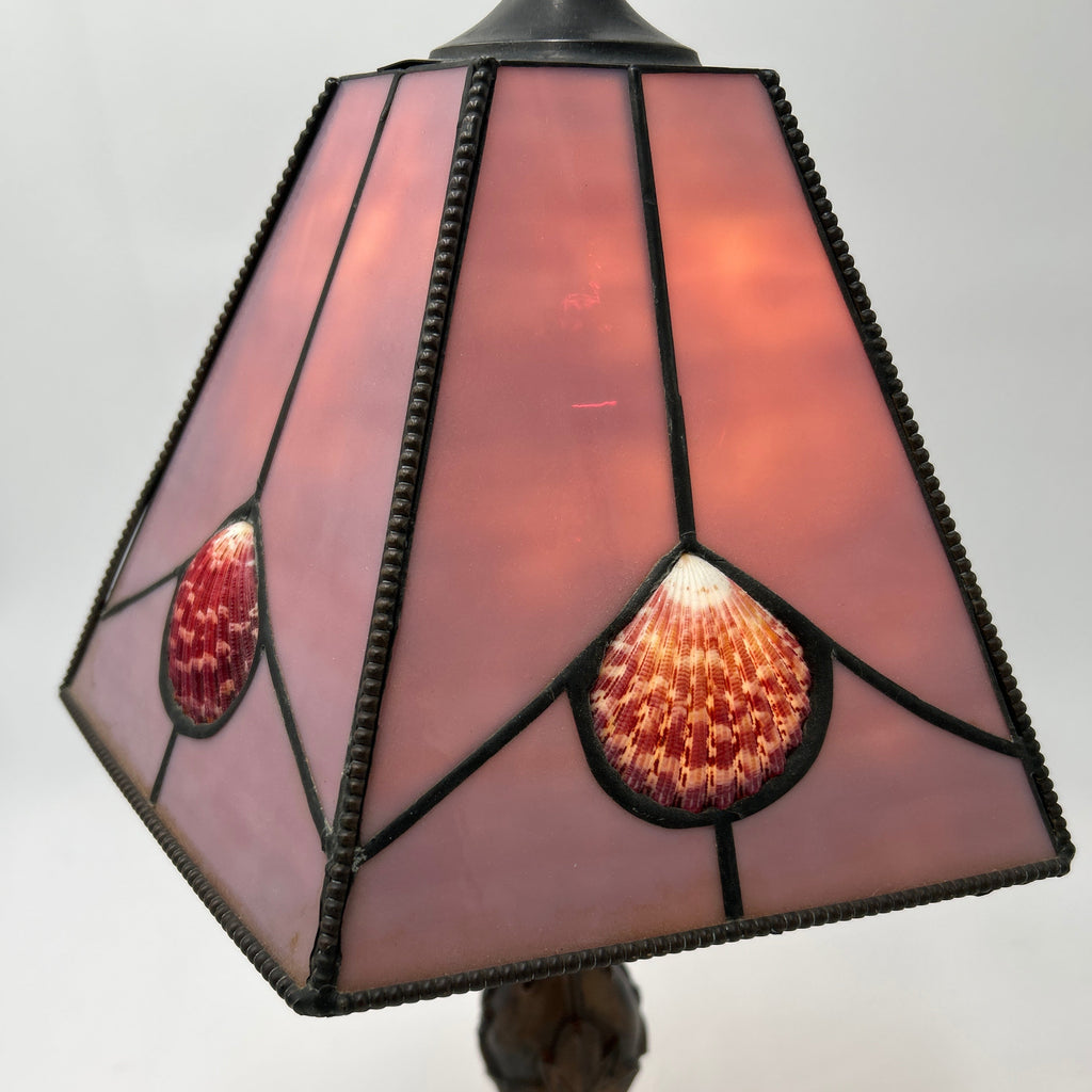 Hoosin Ltd. Chicago Pink Slag Glass Tiffany-Style Table Lamp — Art Nouveau Floral Bronze Base, c. 1970s–80s detailed shade design.