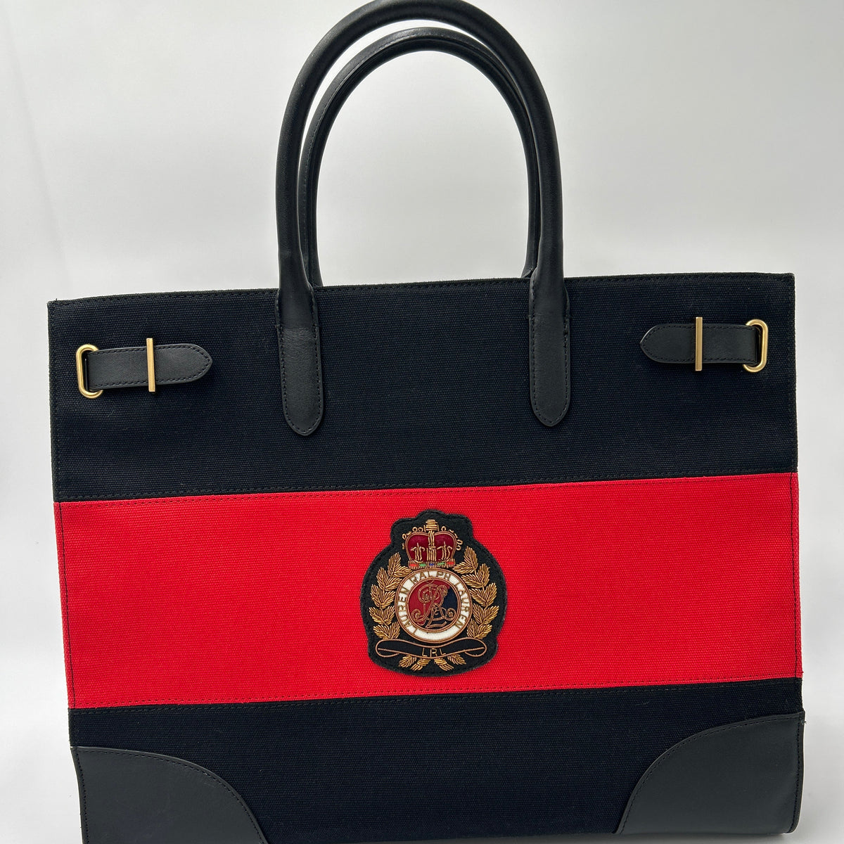 NWOT Ralph Lauren Two-Tone Devyn Canvas Tote w/2 RL storage bags featuring regal crest accent and durable cotton canvas.