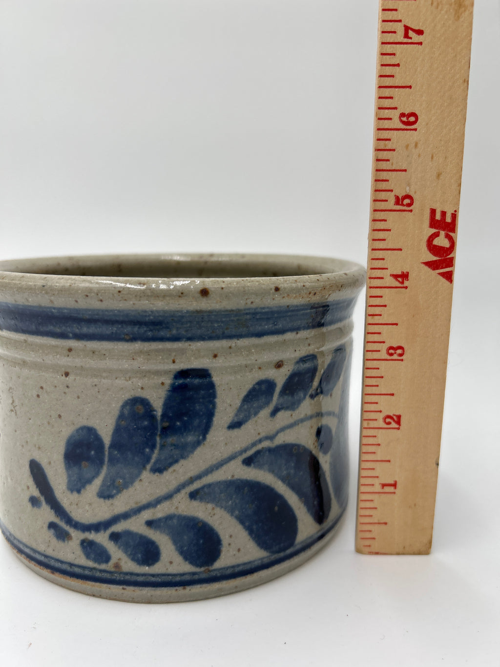 Antique Blue Decorated Stoneware Butter Crock | Cobalt Leaf Motif, Salt Glaze | American Folk Pottery, c. Late 19th–Early 20th Century, detailed view with ruler.
