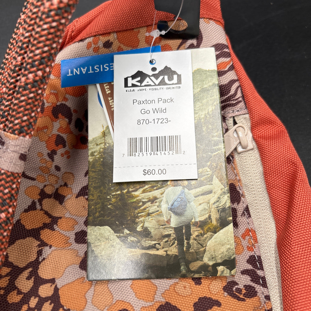 KAVU NWT Cross Body Paxton Pack Go Wild price tag and design detail, showcasing the compact pack for outdoor use.