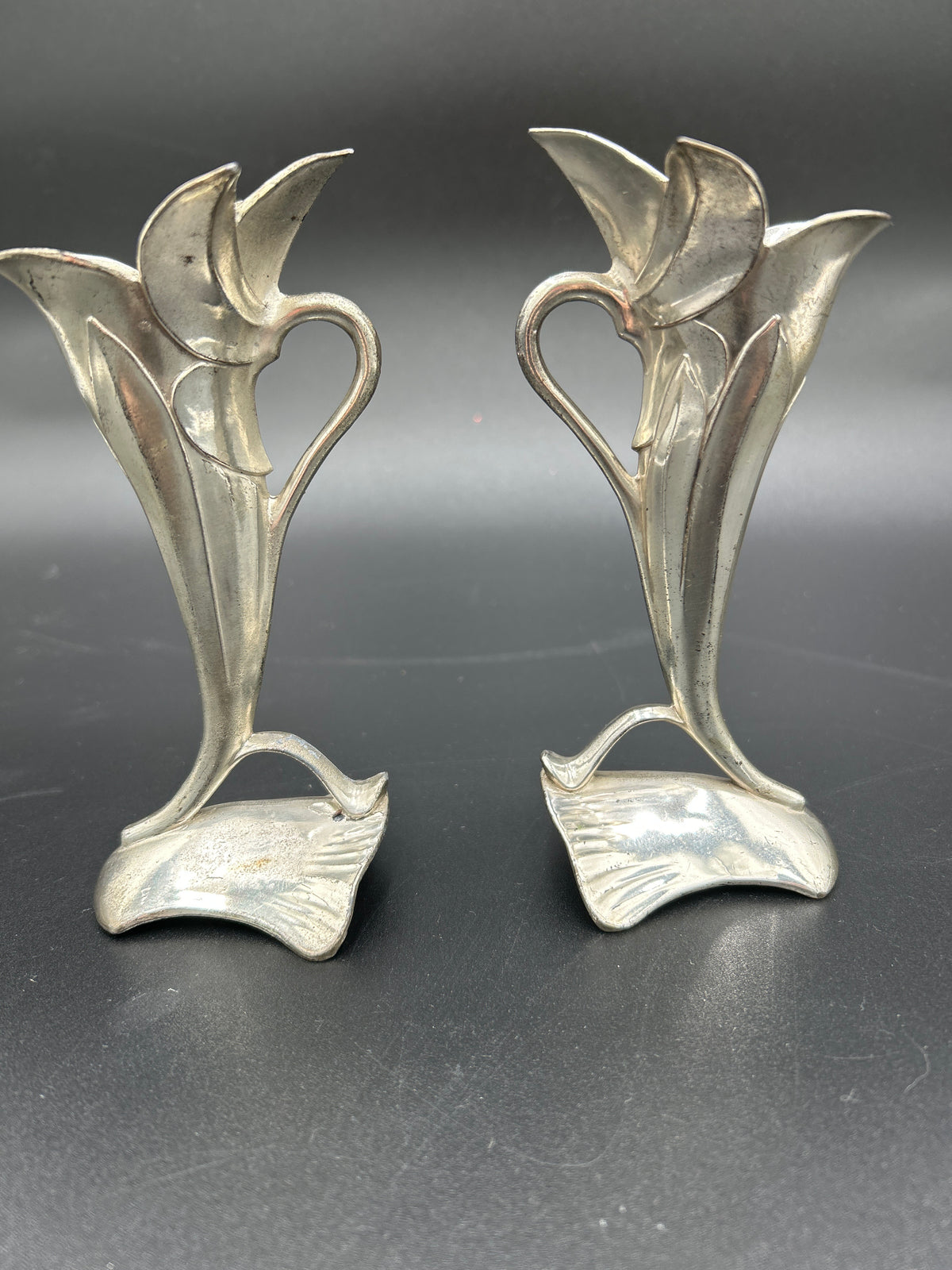 Pair of Vintage Art Nouveau Silver Plated Bud Vases Fluted Trumpet / Lily Pair - Occupied Japan