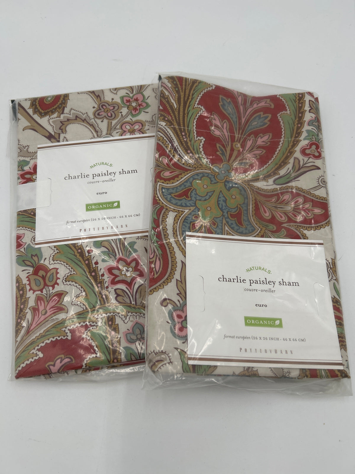 Pottery Barn Charlie Paisley Euro Shams Set of 2 Red Cream Green 100% Organic NWT