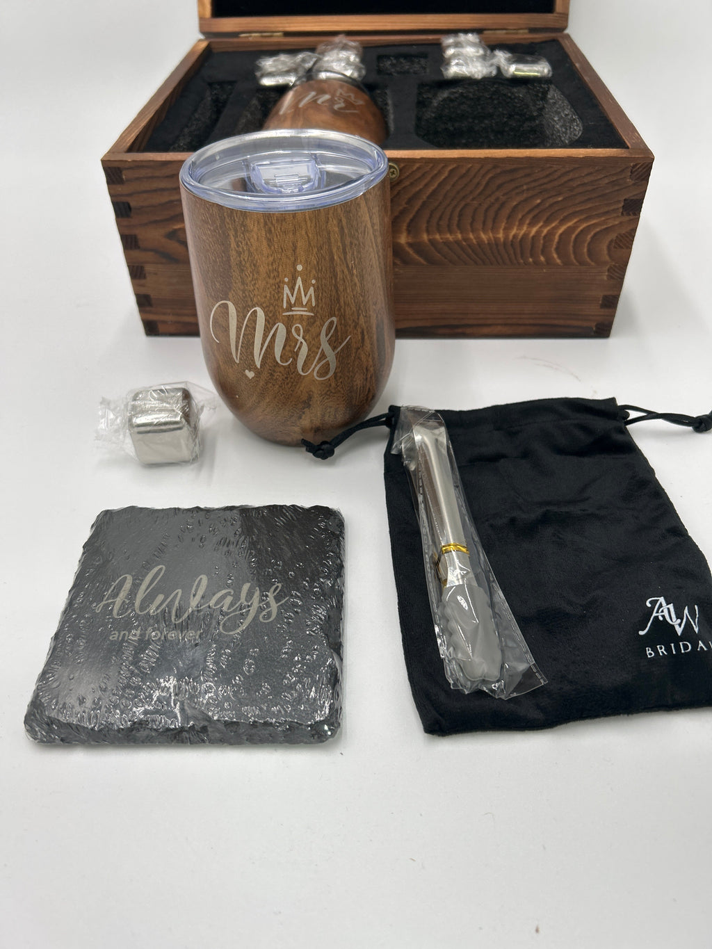 Mr & Mrs Wedding Gift Set — Engraved Wood Box with Tumblers, Slate Coasters & Whiskey Stones (New, unwrappped) with engraved tumbler and coasters.