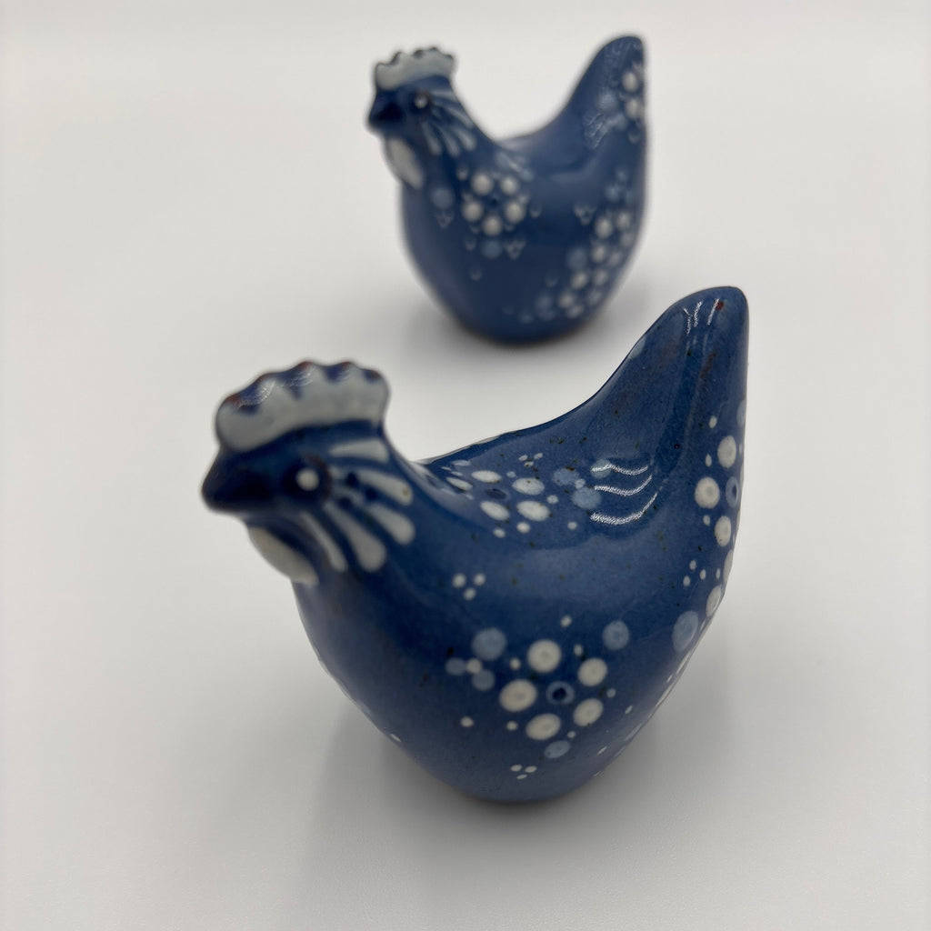 Hand painted Blue and white speckled pair of Chickens Folk Art