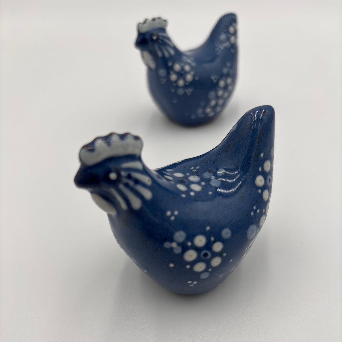 Hand painted Blue and white speckled pair of Chickens Folk Art