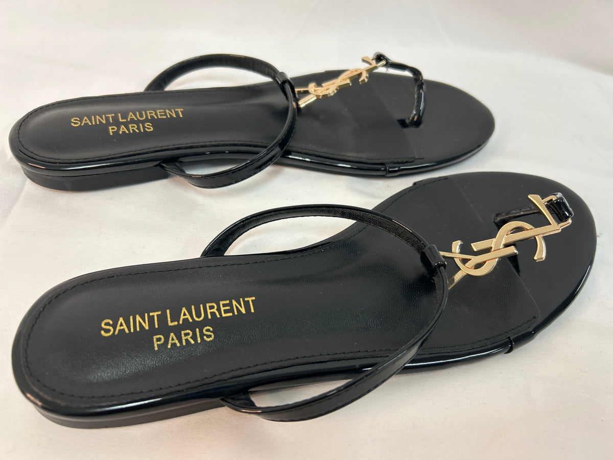 Auth Saint Laurent YSL Cassandra Black Patent Flat Thong Sandals Size 39- Made in Italy