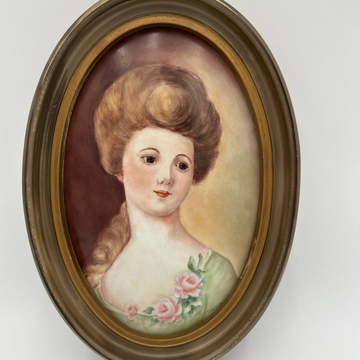 Vintage Antique Oval Porcelain Portrait Plaque — Edwardian Style Young Woman with Pink Roses, Signed