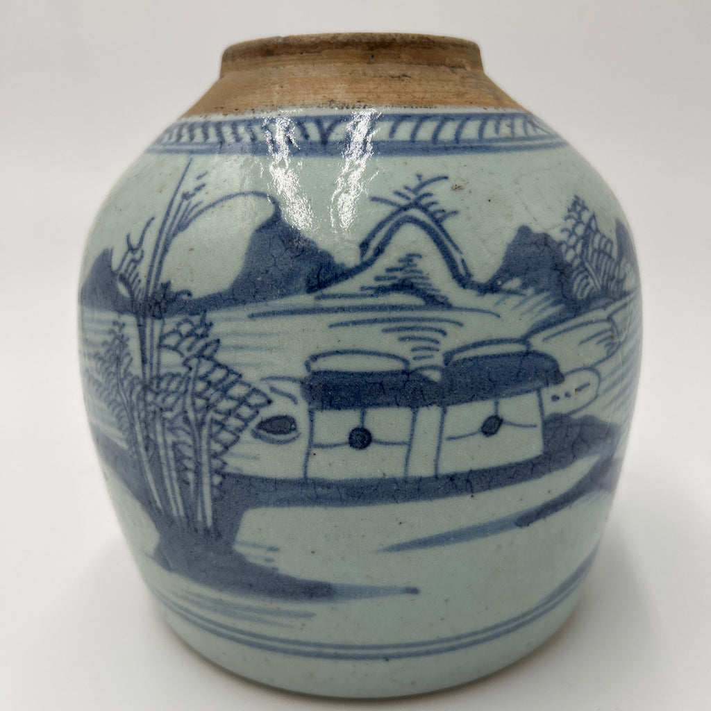 Antique Chinese Blue and White Porcelain Ginger Jar Pot Late Qing 19th C Landscape (no lid) with hand-painted riverside scene