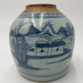Antique Chinese Blue and White Porcelain Ginger Jar Pot Late Qing 19th C Landscape (no lid) with hand-painted riverside scene